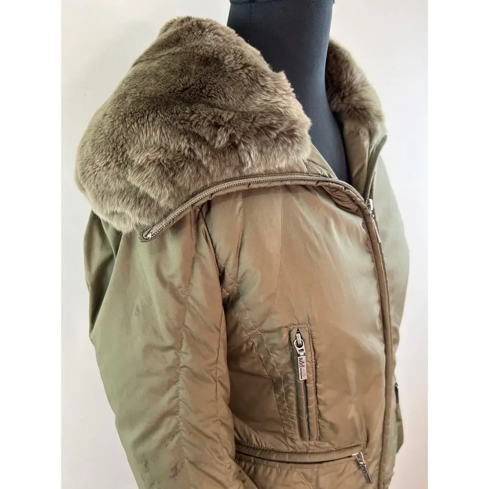 ADD Olive Green Long Sleeve Oversized Fur Collar Womens Down Jacket Size 2